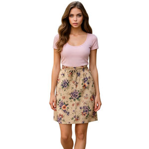 Talbots Mini Skirt Womens 12 Tan Floral Cottagecore Garden Spring Grandma Chic